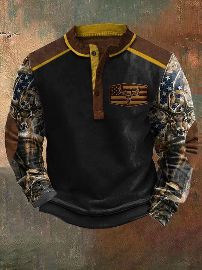 Moletom masculino casual vintage contrastante Elk Western