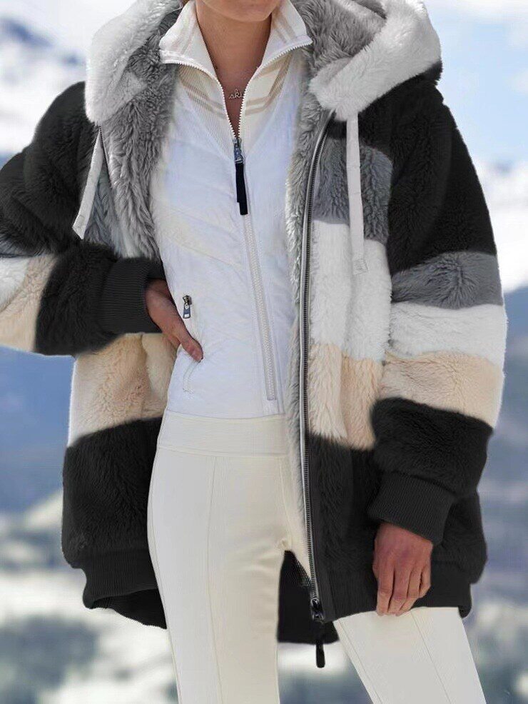 2025 Outono e Inverno Quente Plush Patchwork Zíper Bolso Com Capuz Solto Jaqueta Feminina