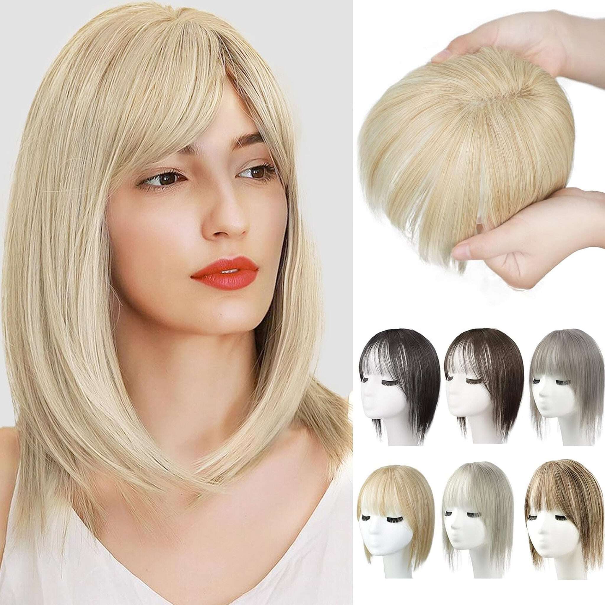 Toppers de cabelo 100% humano para mulheres, adicionando volume de cabelo com franja, 12 polegadas, invisível