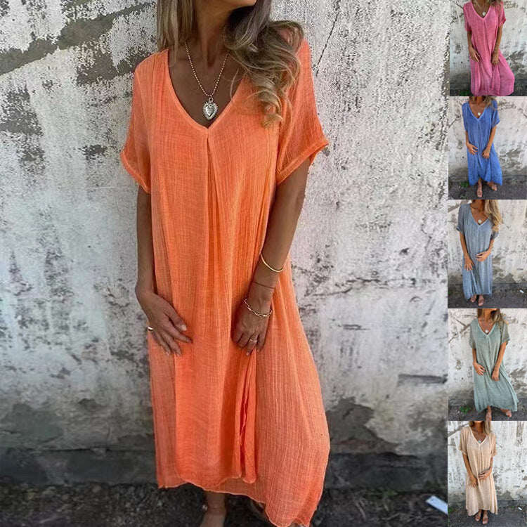 🎁Vestido de linho de algodão com gola pontiaguda