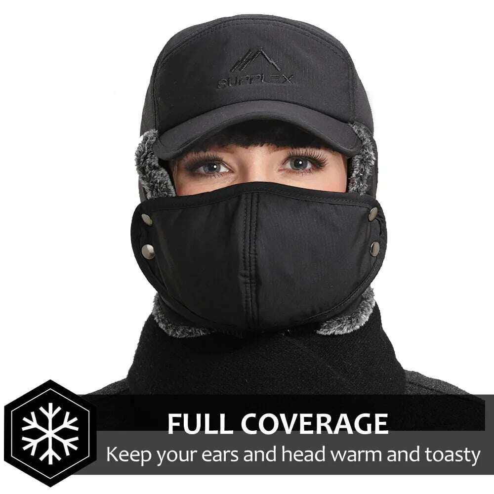 🧢❄️Pánská zimní ušní čepice Trapper maska ​​na obličej Fur Aviator Thermal Warm Snow Ski Cap