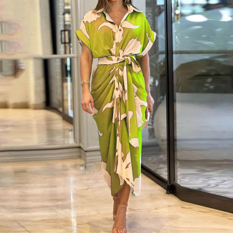Vestido comprido de camisa de cintura alta com lapela estampada para mulher 2025