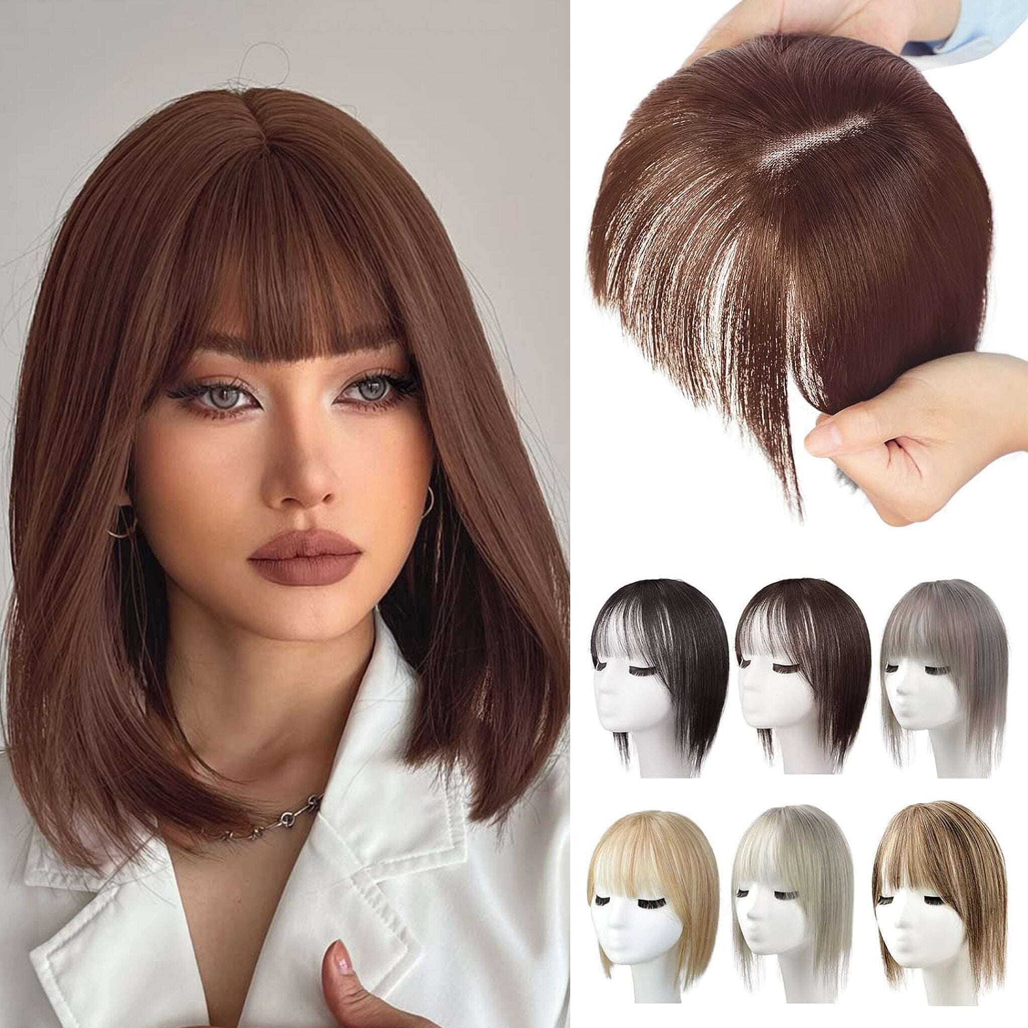 Toppers de cabelo 100% humano para mulheres, adicionando volume de cabelo com franja, 12 polegadas, invisível