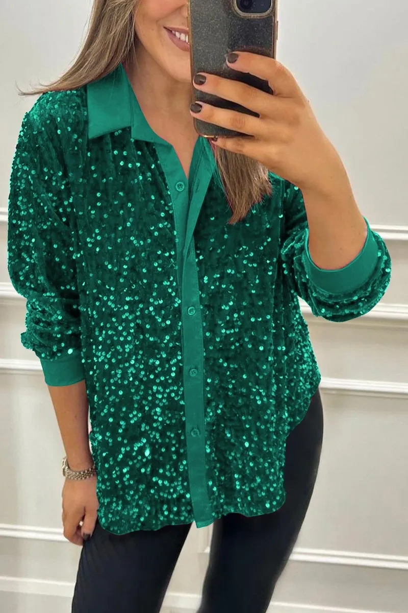 Camisa de festa para mulher com lapela brilhante e peito único