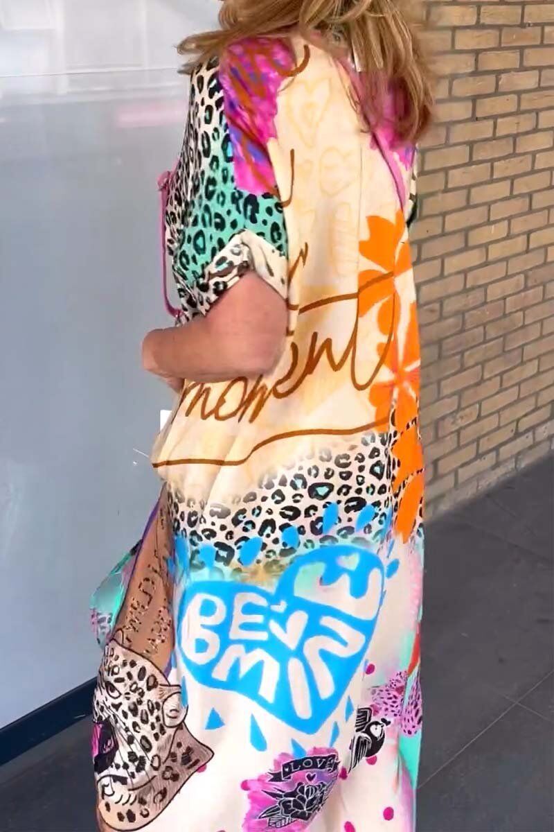 Vestido feminino de manga curta com estampa de leopardo