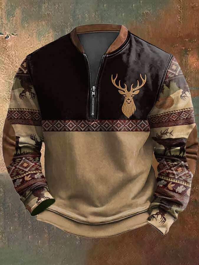 Moletom masculino casual com zíper na cor Vintage Elk contrastante