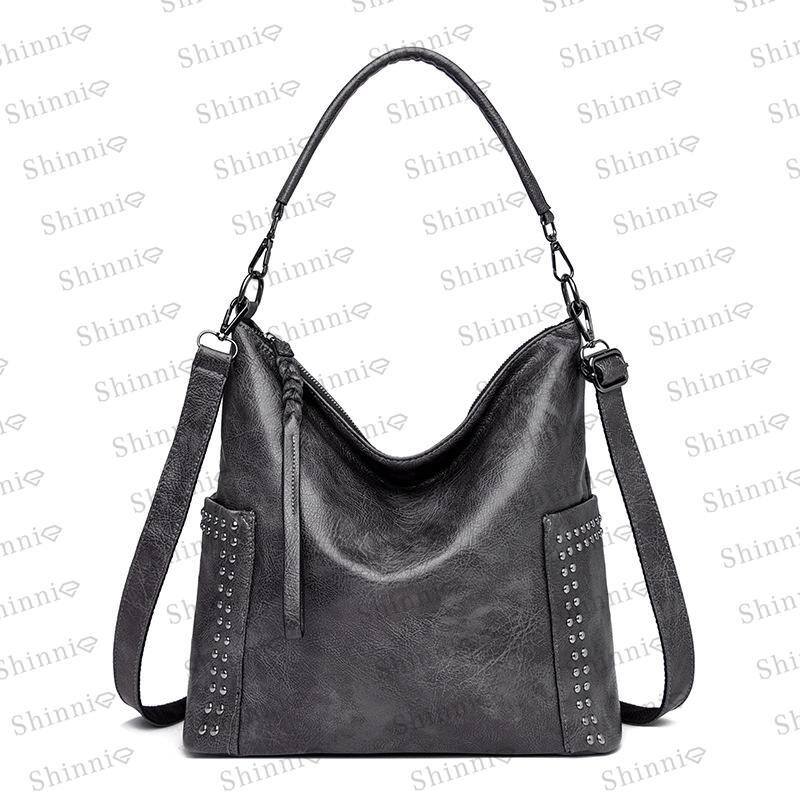 Bolsa de ombro feminina simples elegante com rebites