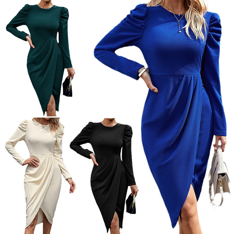 2025 outono e inverno gola redonda temperamento elegante cintura irregular vestido com fenda temperamento moderno