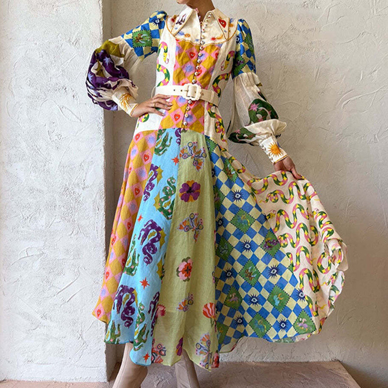 2025 vestido feminino manga lanterna estampado lapela cintura manga comprida