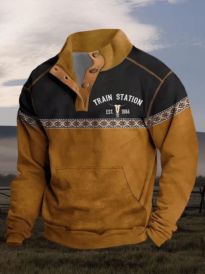 Moletom vintage masculino com gola e estampa western nos botões