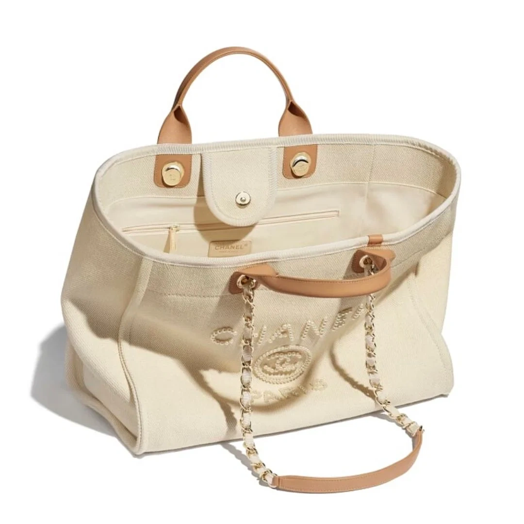 Chanel Canvas Pearl Deauville Medium Tote Beige or Black