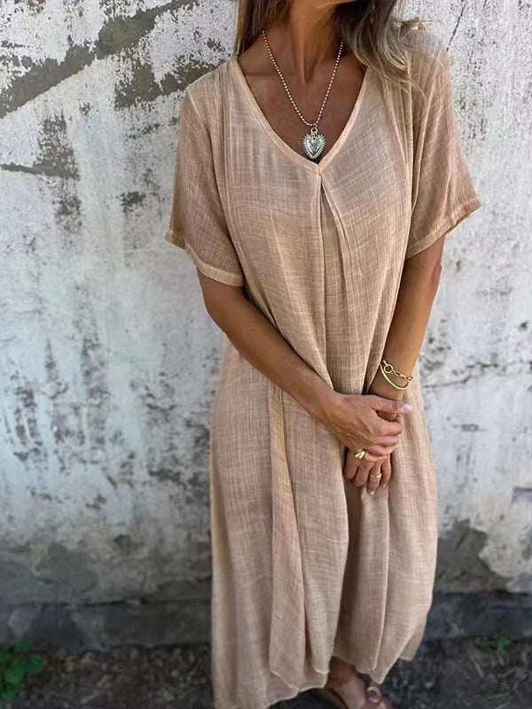 🎁Vestido de linho de algodão com gola pontiaguda