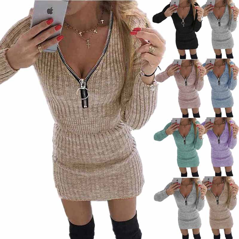 Vestido de malha com zíper na cintura e manga comprida para mulheres outono e inverno 2025
