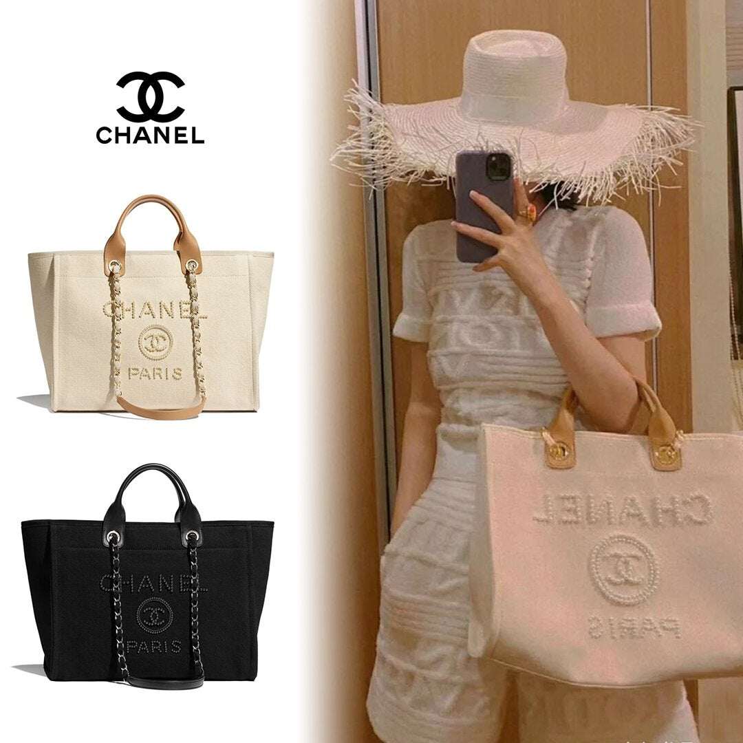 Chanel Canvas Pearl Deauville Medium Tote Beige or Black