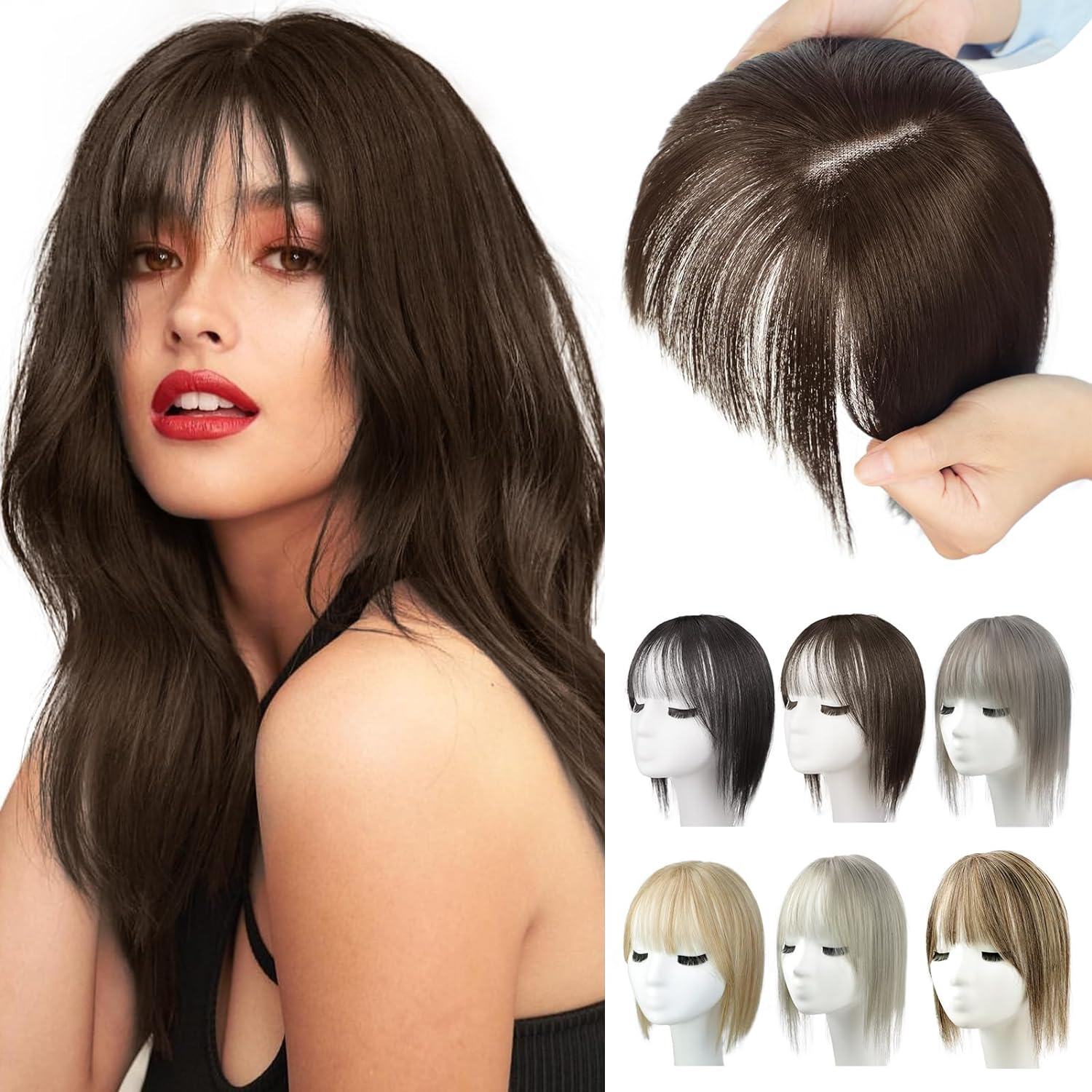 Toppers de cabelo 100% humano para mulheres, adicionando volume de cabelo com franja, 12 polegadas, invisível