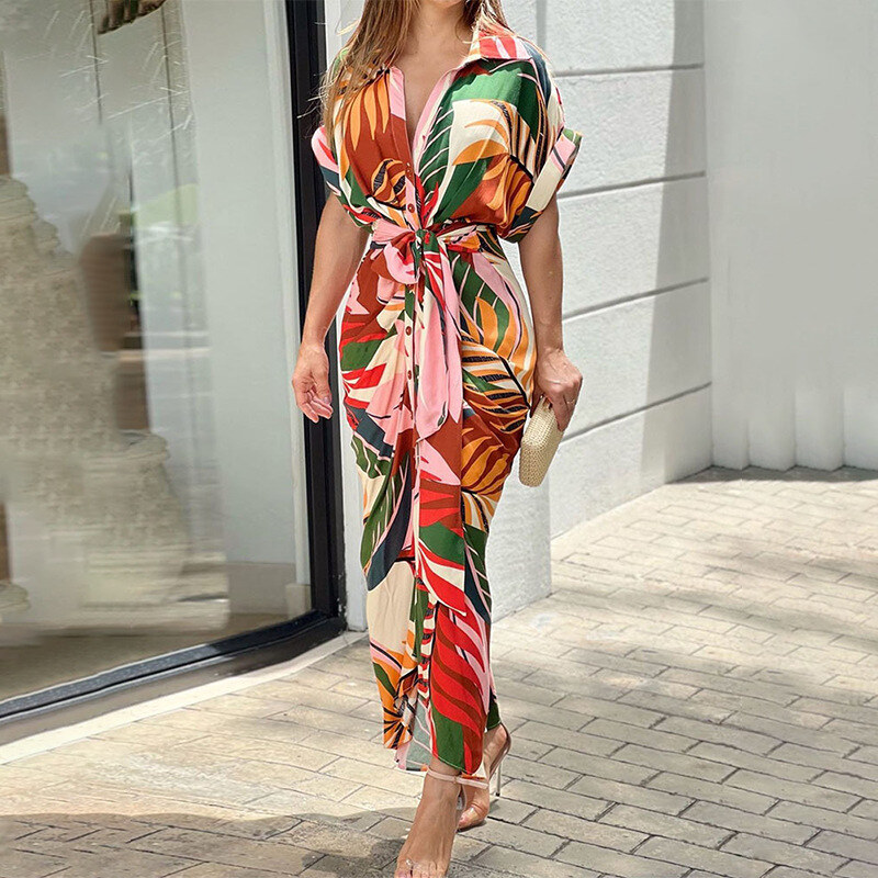 Vestido comprido de camisa de cintura alta com lapela estampada para mulher 2025